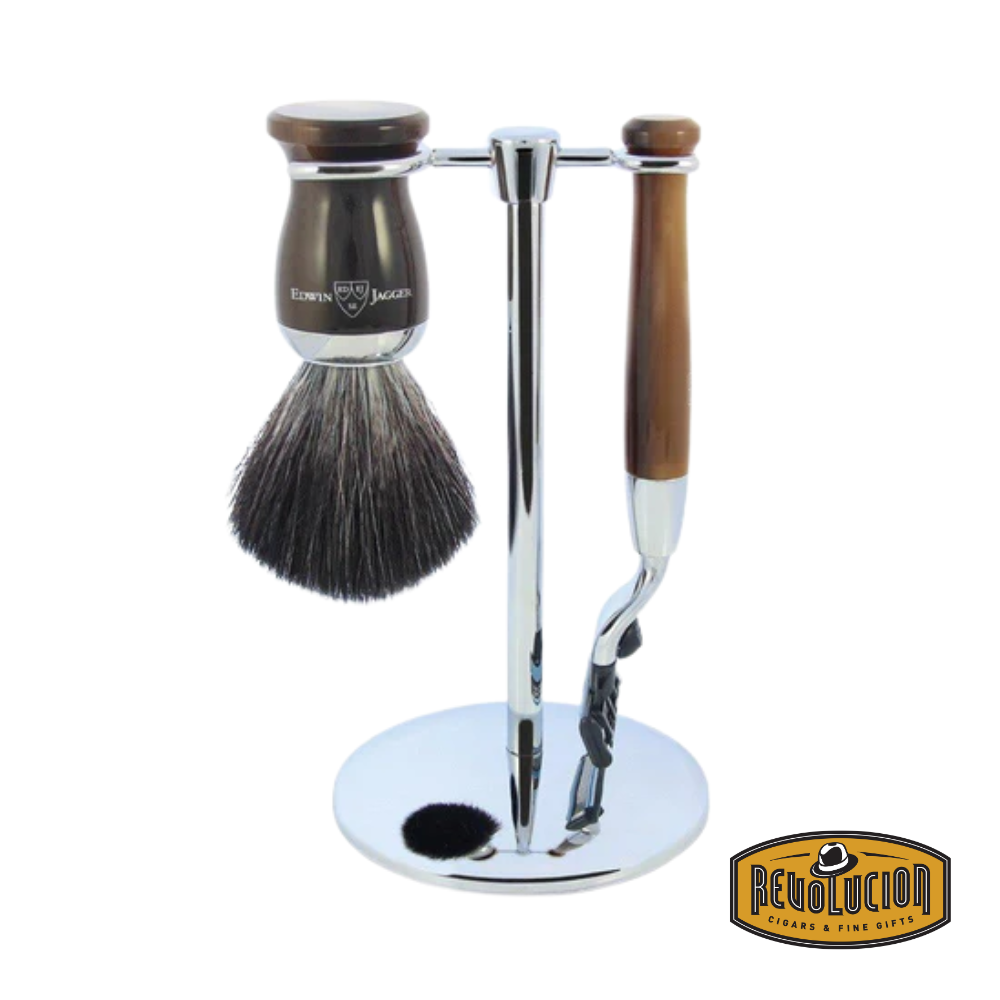 Edwin Jagger 3-piece Mach3 shaving set with light horn handles and chrome finish.