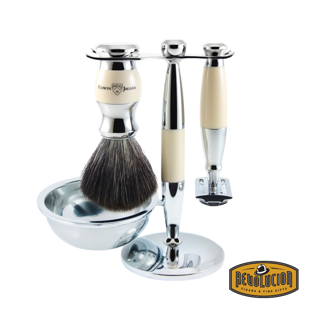 Edwin Jagger 36 Series 4-piece DE shaving set with ivory handle and synthetic brush.