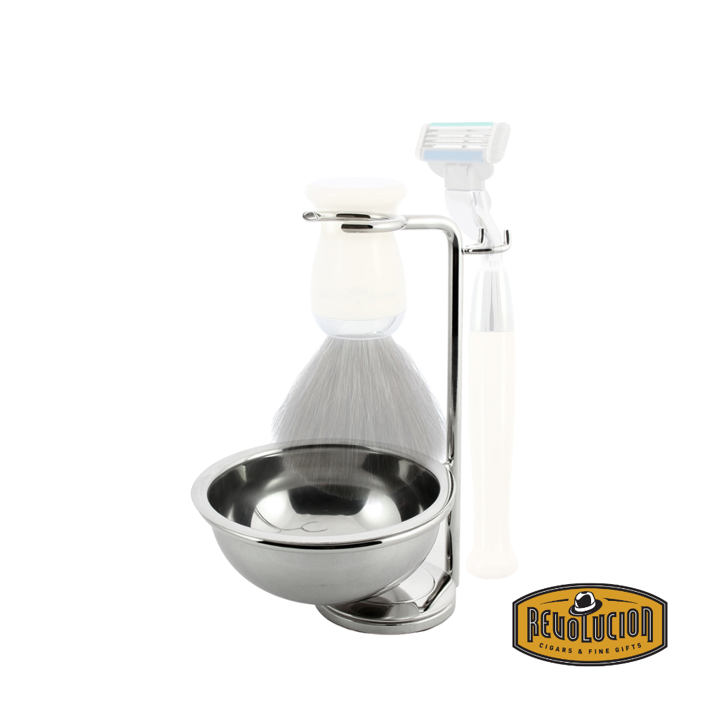 Edwin Jagger Stand for 4pc - Angled Side View Showing Slots for Razor, Brush, and Bowl.