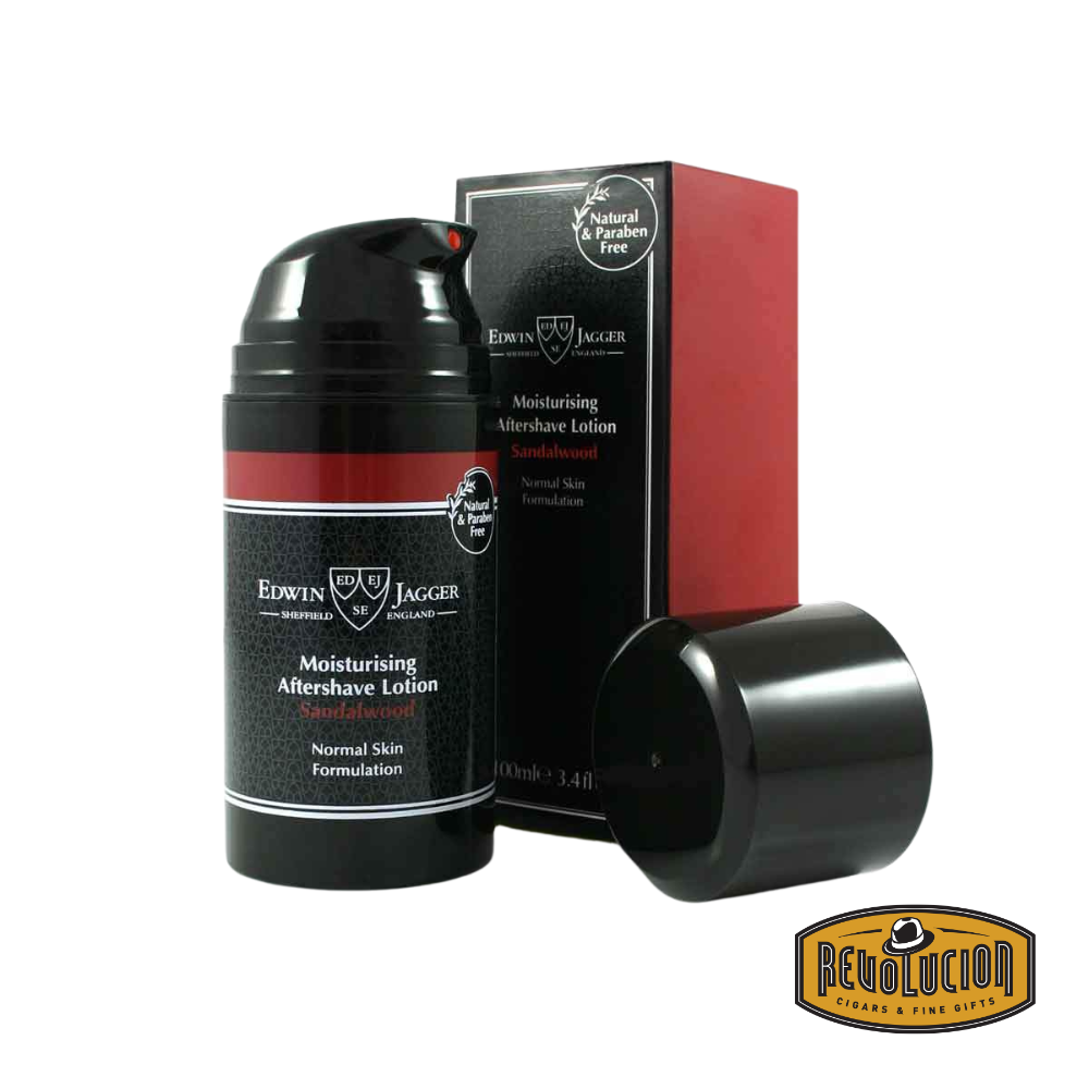 Close-up of Edwin Jagger Sandalwood aftershave bottle next to its packaging.