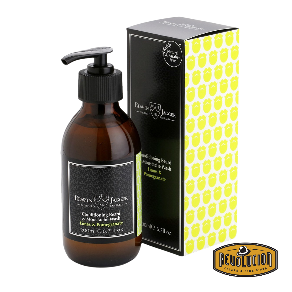 Edwin Jagger Beard & Moustache Wash Lime Pomegranate – Transparent bottle with sleek black cap, shown in front of its matching box. The packaging displays the Edwin Jagger logo and product details in a modern, refined style.