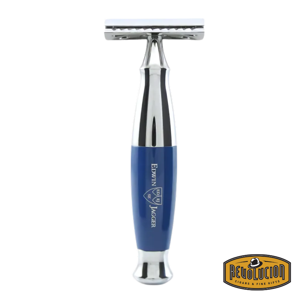 Edwin Jagger blue and chrome double edge safety razor with a sleek, modern handle.