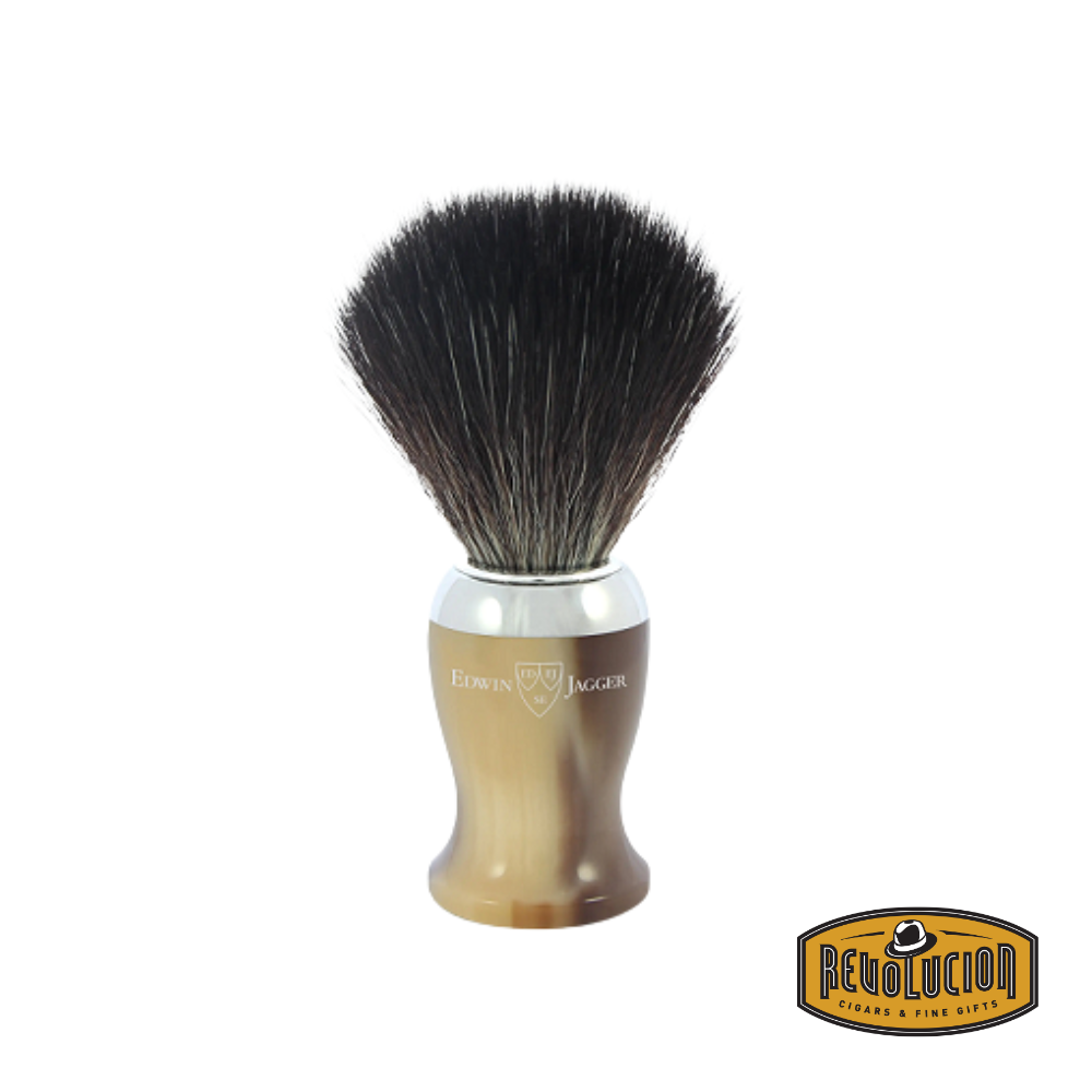 Edwin Jagger Brush in Imitation Horn with Black Synthetic Fiber – an elegant shaving brush with a classic horn-style handle and high-quality synthetic bristles.