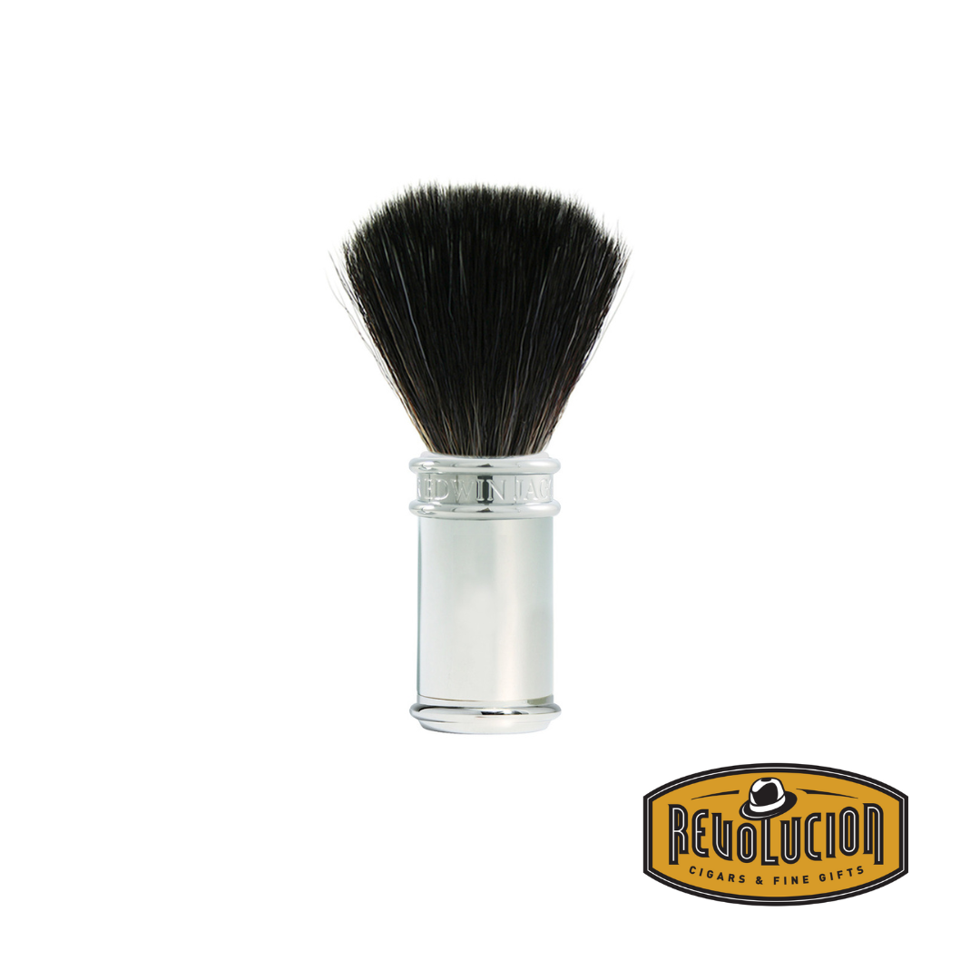 Edwin Jagger synthetic fibre shaving brush with a chrome handle, designed for a smooth and luxurious shaving experience.