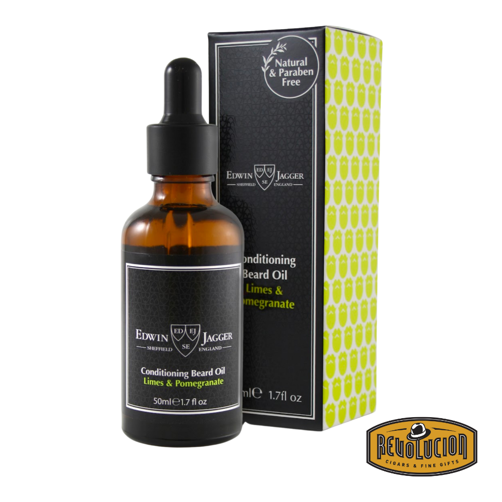 Edwin Jagger Conditioning Beard Oil Lime Pomegranate – Stylish glass bottle with dropper, set in front of an elegant box featuring the Edwin Jagger logo and product details.