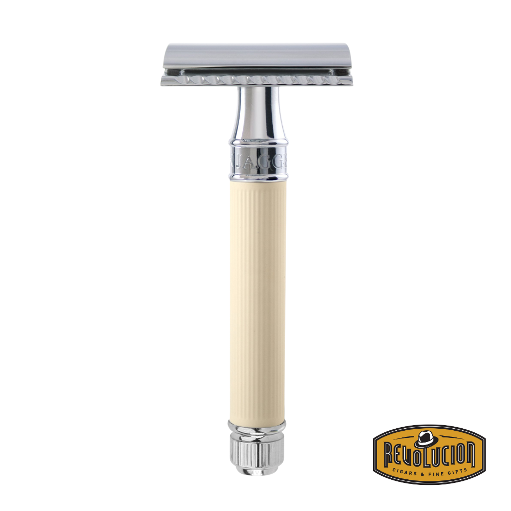 Edwin Jagger DE Razor with ivory-colored rubber-coated handle for enhanced grip.