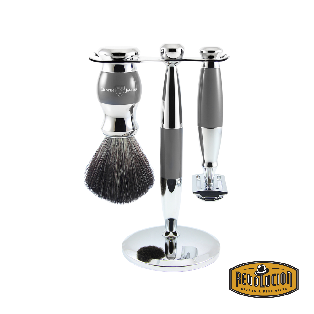 Edwin Jagger Diffusion 36 Series 3-piece DE shaving set in grey and black with synthetic brush and matching stand.