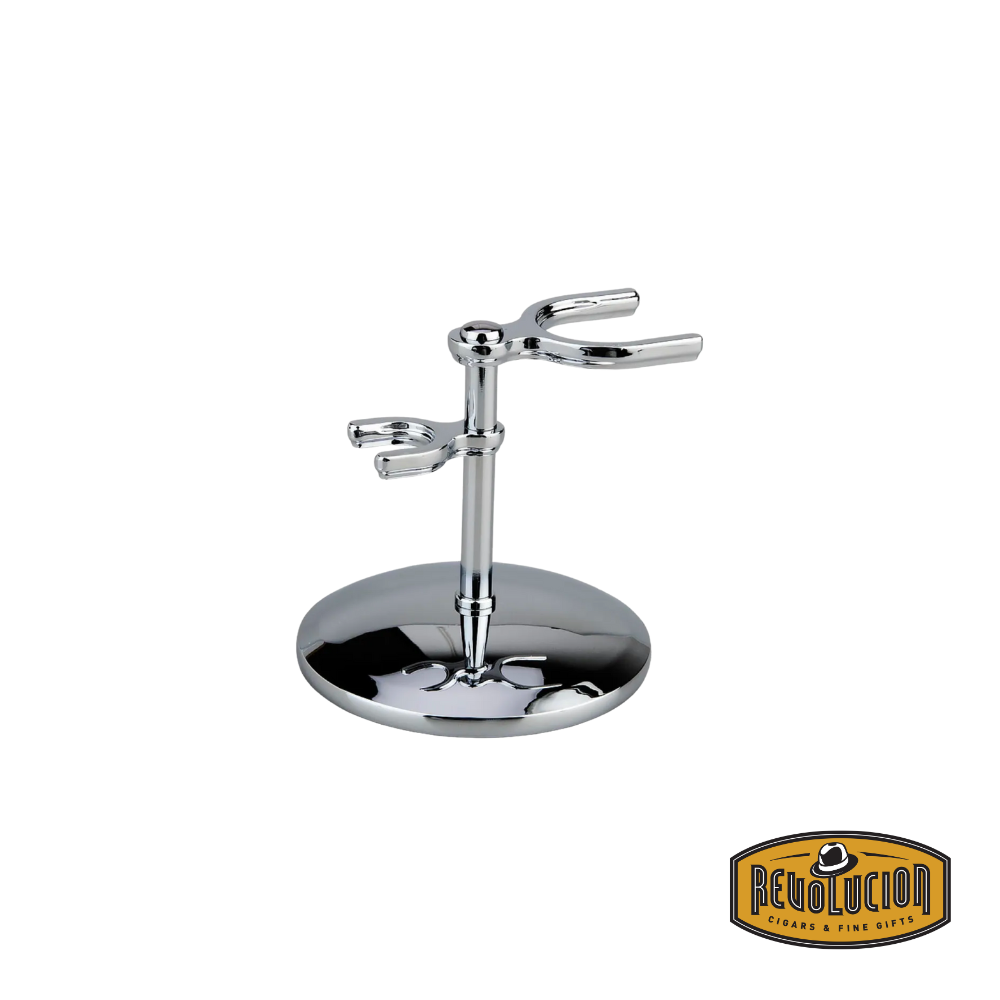 Chrome-plated Edwin Jagger double edge razor and brush stand shown on its own.