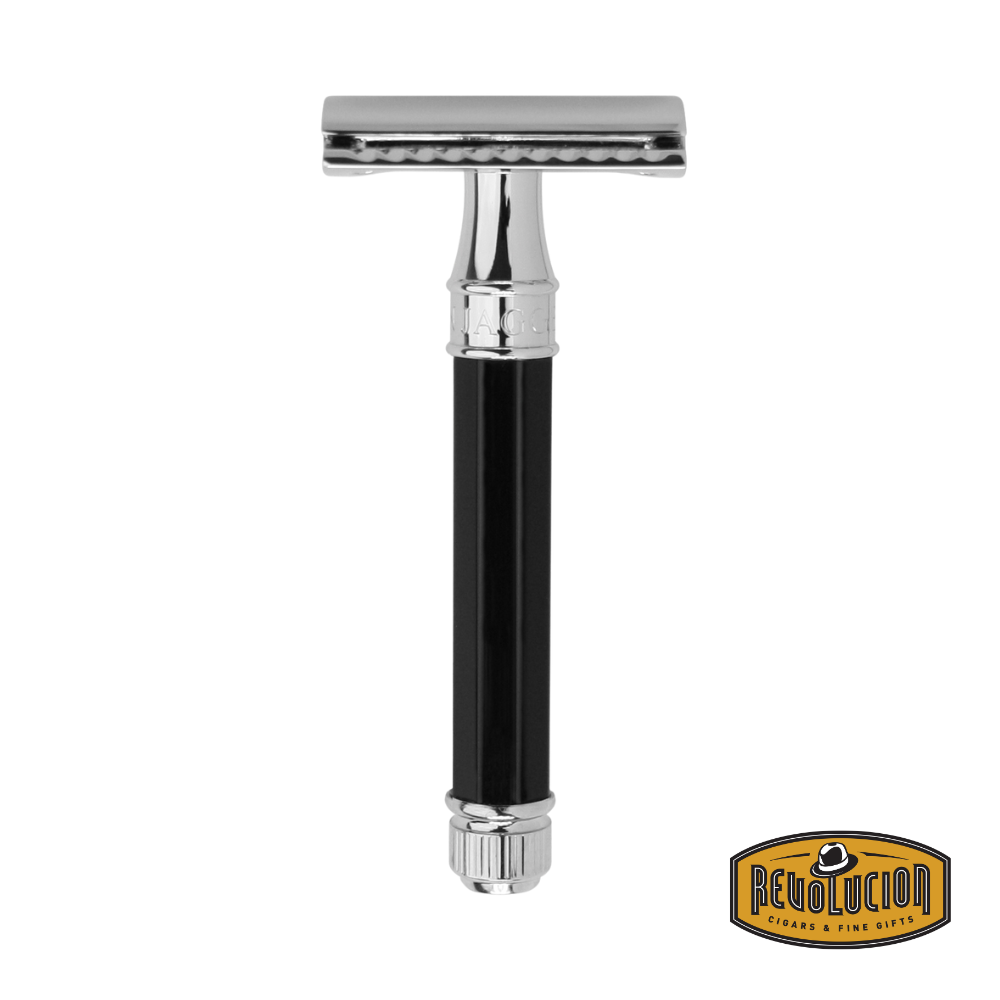 Edwin Jagger double edge safety razor with a sleek faux ebony handle and chrome-plated head, combining style and function.