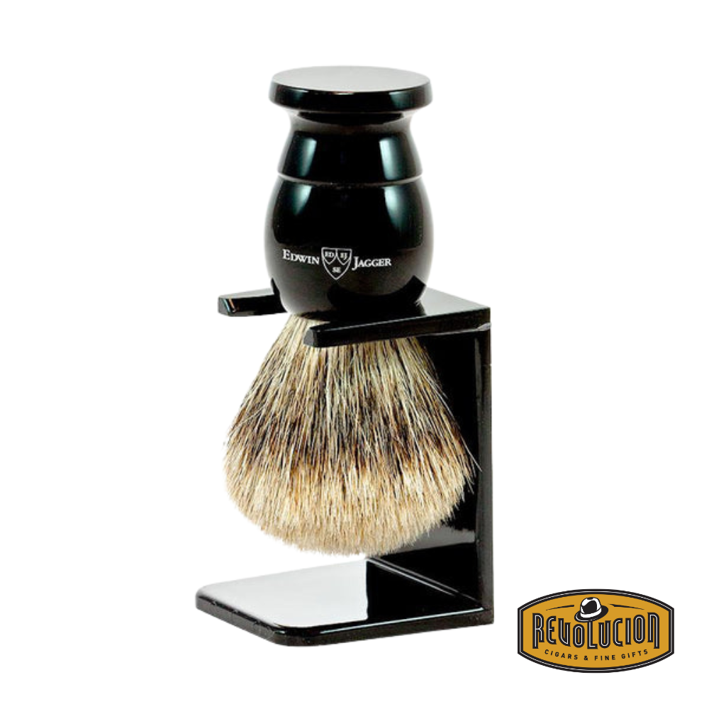 Edwin Jagger large ebony drip stand holding a shaving brush for display.