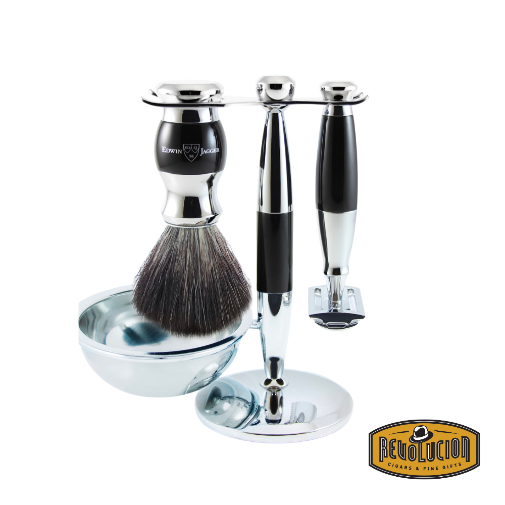Edwin Jagger 4-piece shaving set featuring a DE razor, synthetic brush, stand, and bowl, all in an elegant ebony finish.