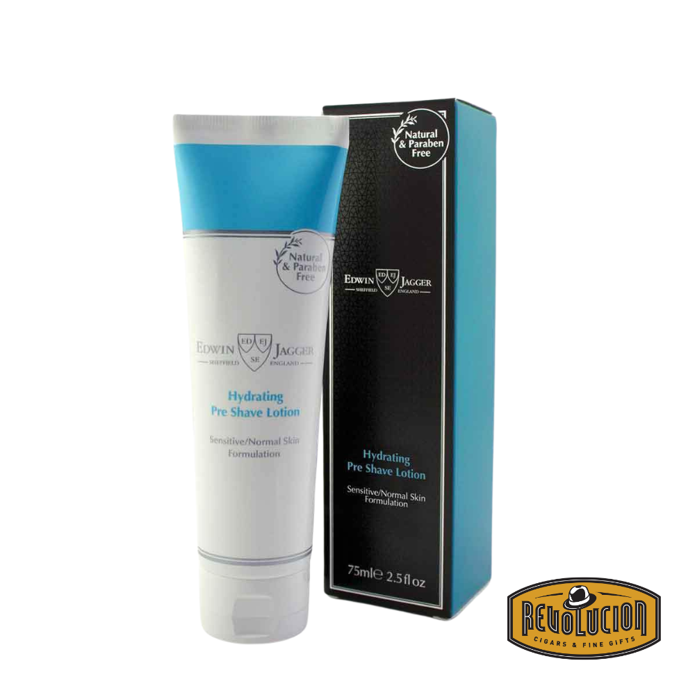 Edwin Jagger Hydrating Pre-shave Lotion – Sleek pump bottle displayed in front of its matching branded box, emphasizing a classic and refined grooming style.