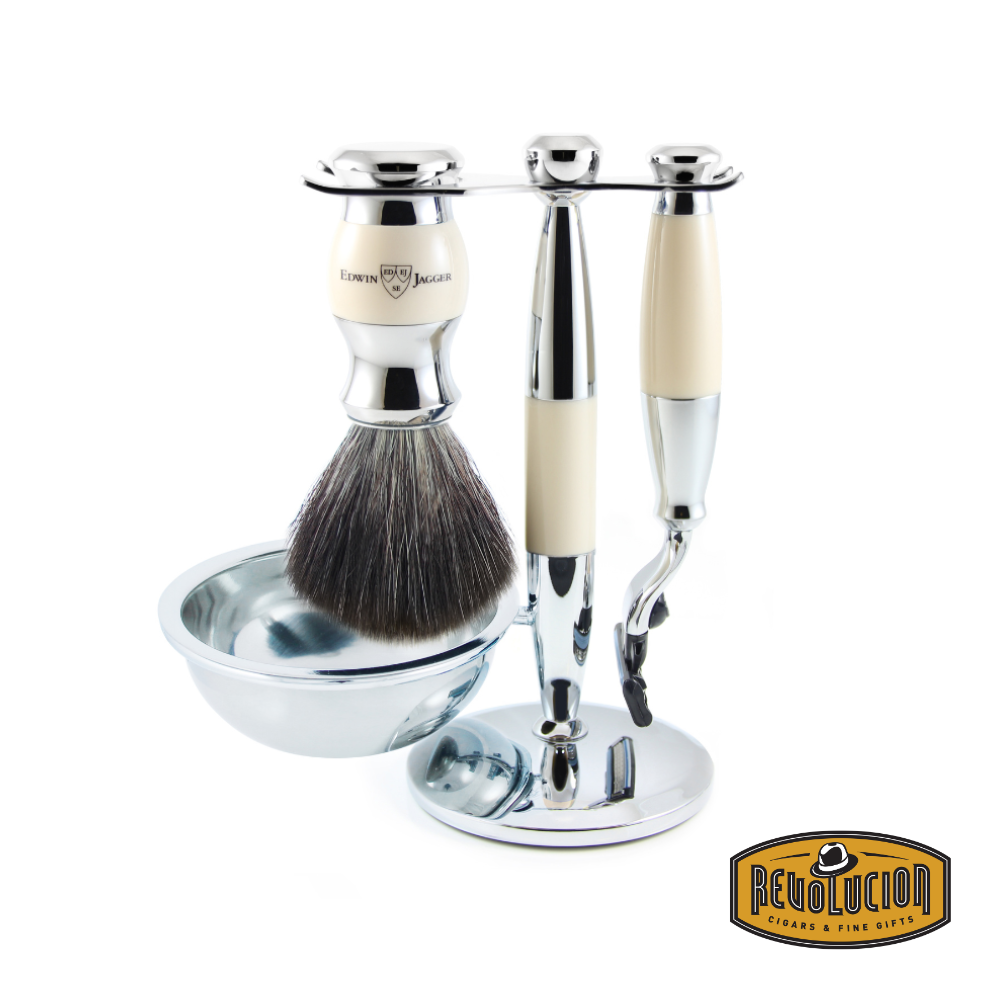 Edwin Jagger Mach 3 Safety Razor, 4 pc, Imitation Ivory, Black Synthetic fibre with stand and bowl, Chrome Plated, Complimentary Feather Blade. Revolucion Lifestyle Vancouver, mens gifts, shaving, grooming and tobacco shop