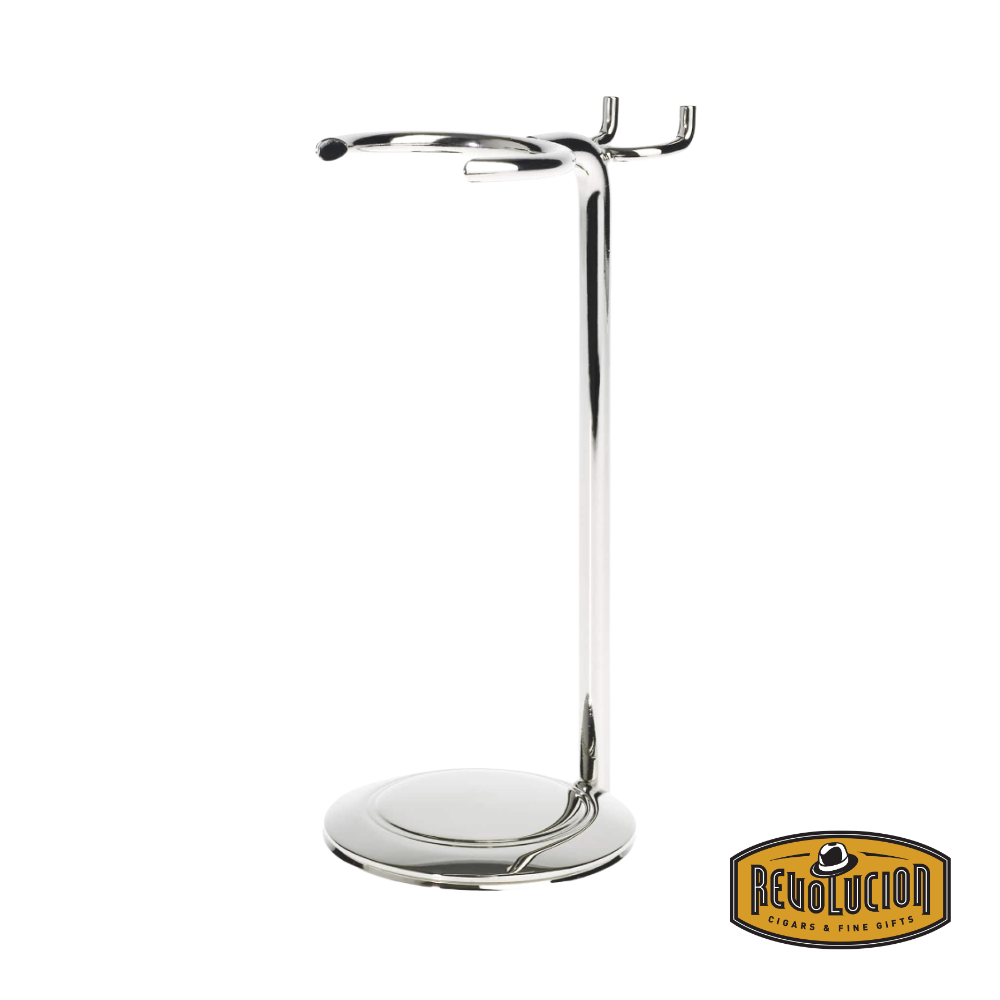 Edwin Jagger chrome-plated stand designed to hold a razor and shaving brush.