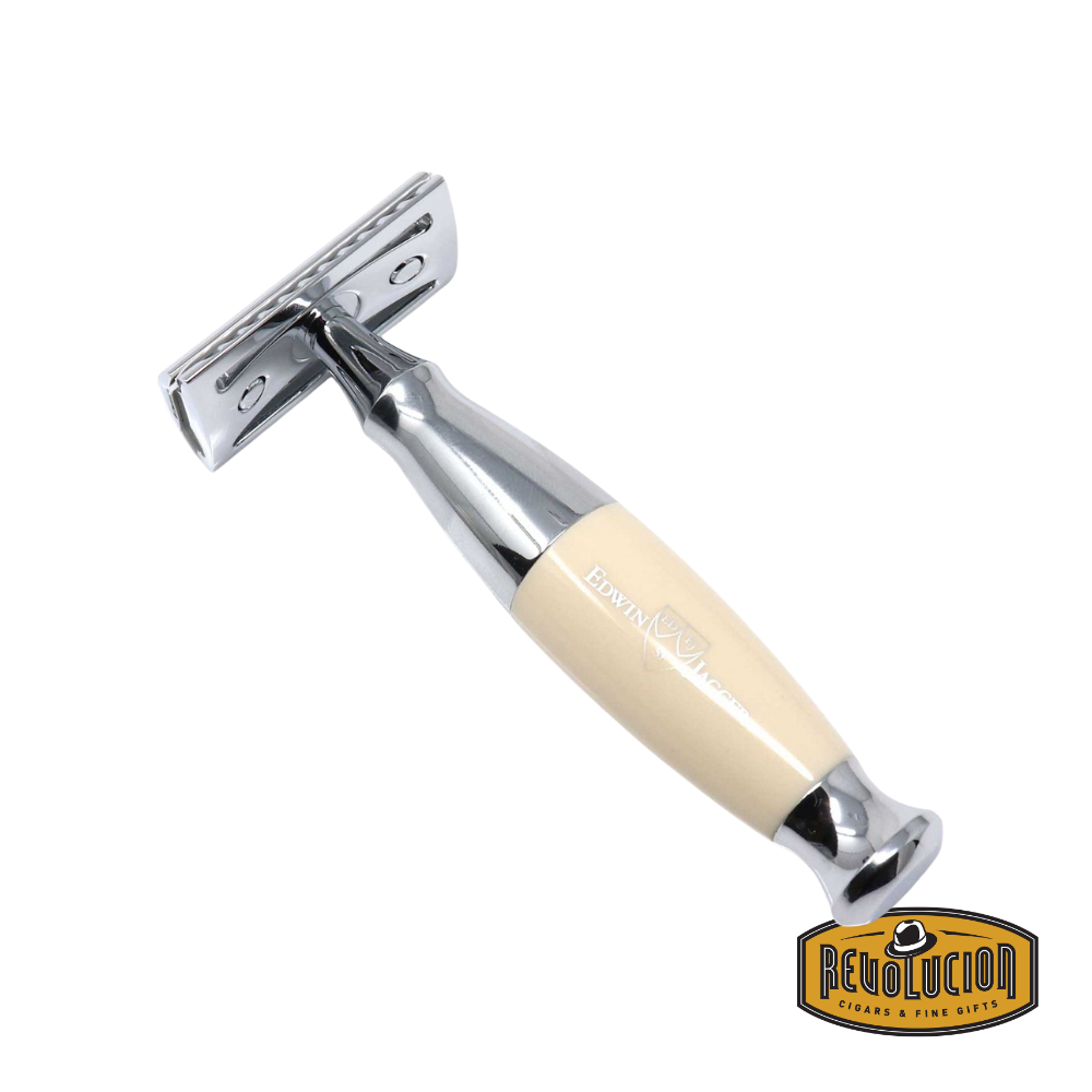 Front view of the Edwin Jagger DE Razor from the 36 Series with a smooth ivory handle and polished chrome accents.