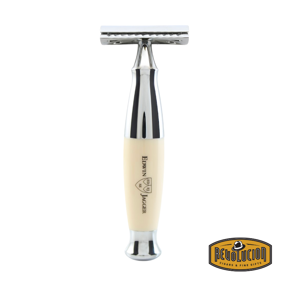 Front view of the Edwin Jagger DE Razor from the 36 Series with a smooth ivory handle and polished chrome accents.