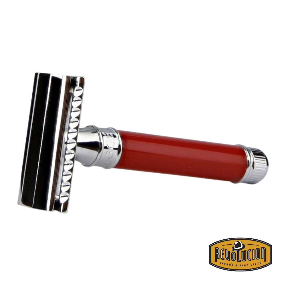 Edwin Jagger double edge razor featuring a vibrant red handle with polished chrome accents, designed for a stylish wet shave.