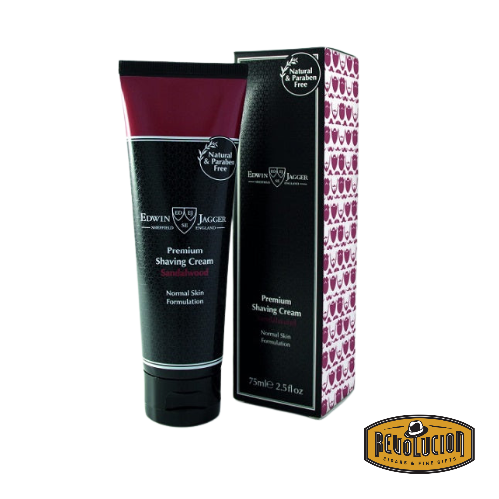 Close-up of the Edwin Jagger DE86BL Safety Razor and sandalwood shaving cream presented in an elegant gift box.