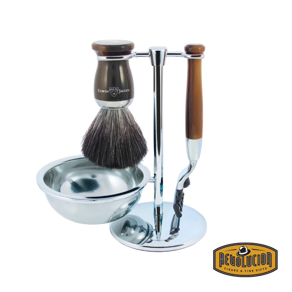 Edwin Jagger 72 Series 4-piece Mach 3 shaving set with light horn synthetic brush, razor, stand, and bowl.