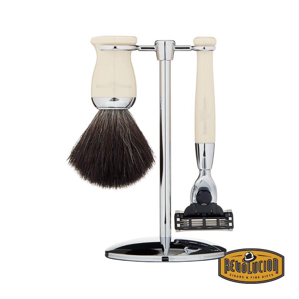Edwin Jagger 36 Series 3-piece shaving set with ivory handle, synthetic brush, and Mach3 razor.
