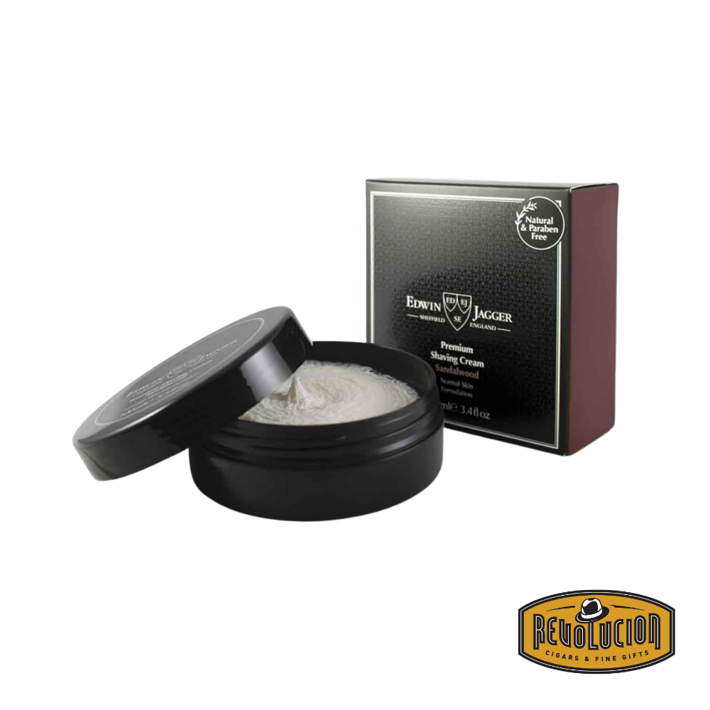 Image of Edwin Jagger Shaving Cream in Sandalwood scent showing the product box and the opened metal can revealing the cream inside.