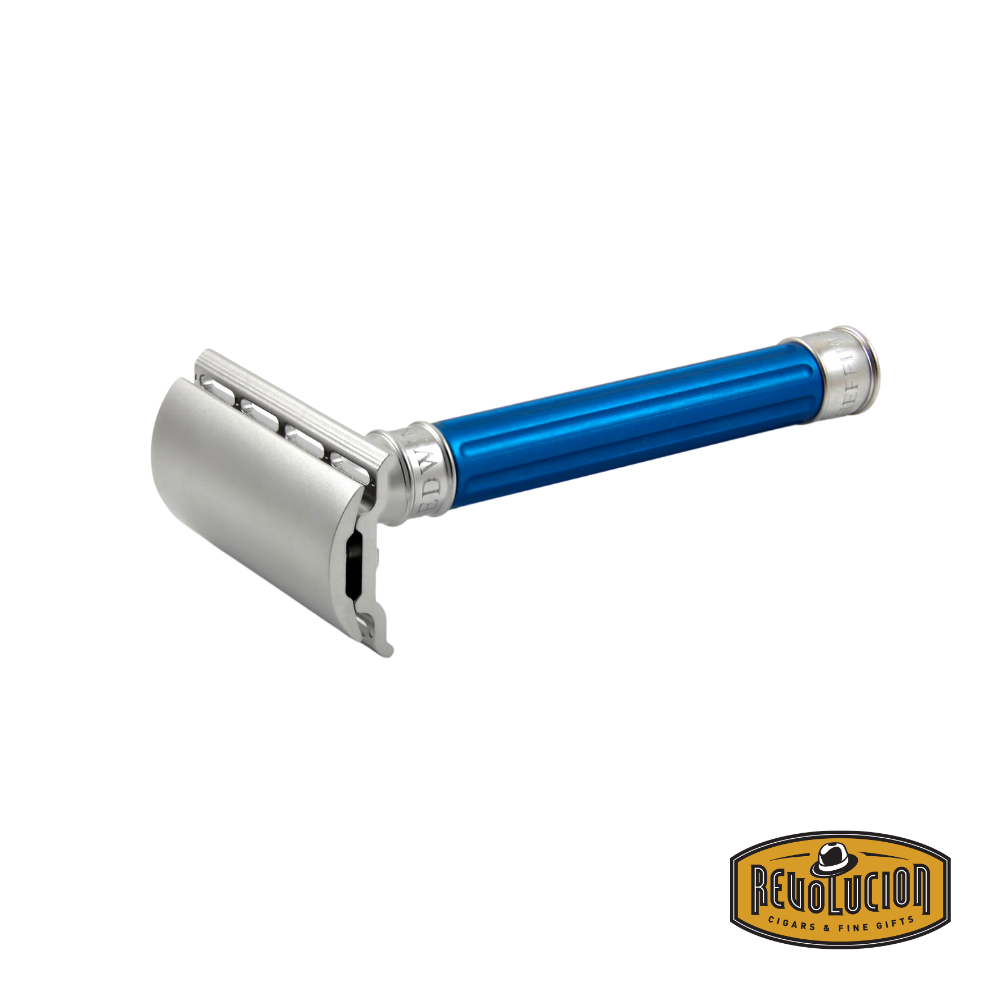 Angled view of the Edwin Jagger stainless steel double edge safety razor showing its sleek design.

