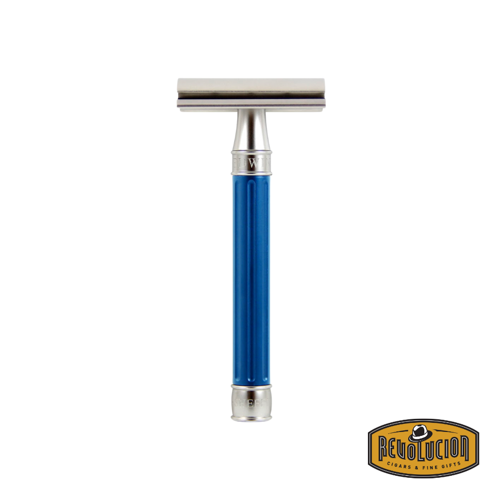 Front view of the Edwin Jagger stainless steel double edge razor with a precision-machined finish.