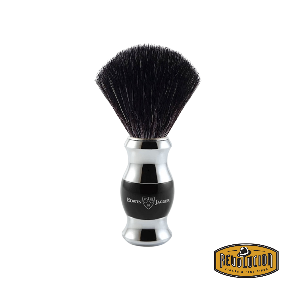 Edwin Jagger Synthetic Fiber Brush with Chrome and Ebony Plated Handle – a premium shaving brush featuring a polished, luxurious design and high-performance synthetic bristles.