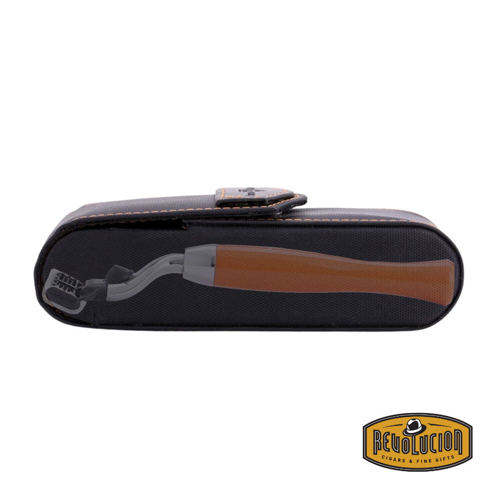 Closed leather travel case partially open at the top, subtly showing the razor handle inside for a sleek presentation.
