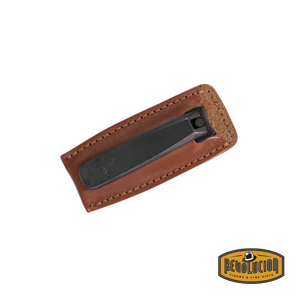 Executive toe nail clipper with a sleek black finish, securely stored in a premium brown leather case with detailed stitching.