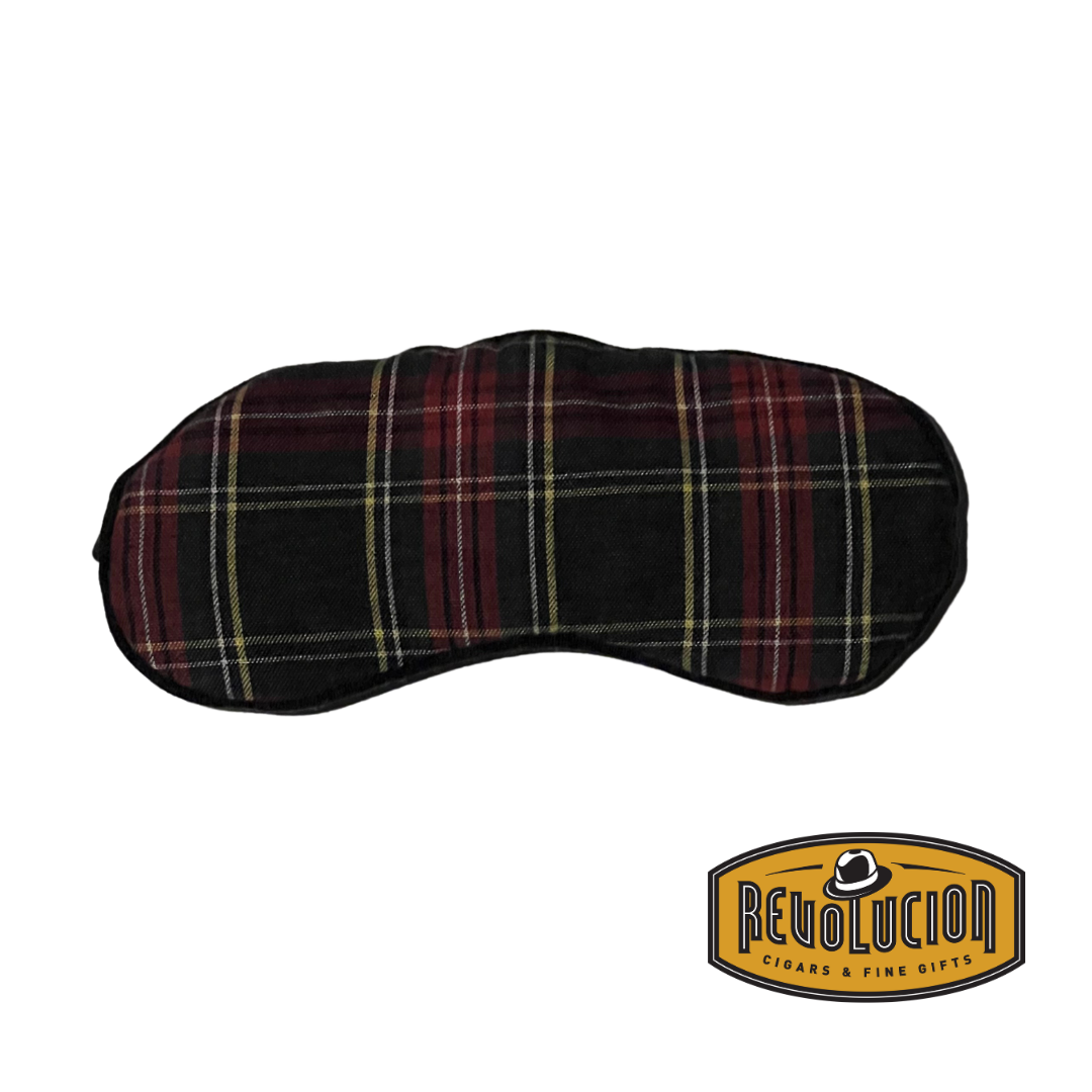 A stylish plaid-patterned sleep mask with a lace elastic band, offering a secure and comfortable fit while blocking out light.