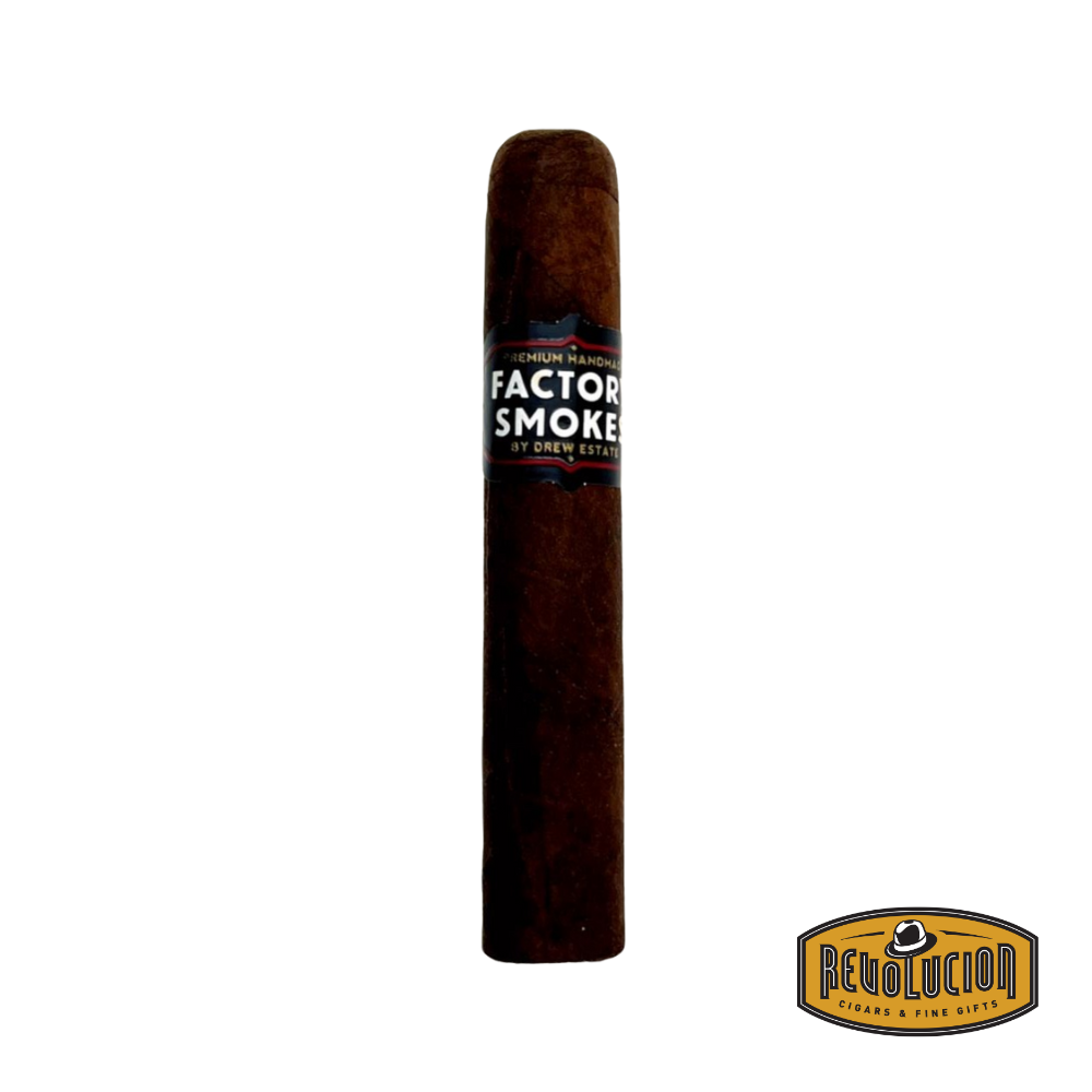 Drew Estate Factory Smokes Maduro Robusto Nicaraguan cigar on a white background with the Revolucion logo, featuring a medium strength profile and the Drew Estate band.
