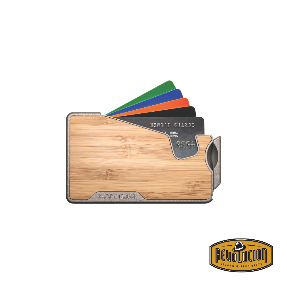 Fantom X7 Wallet in Bamboo finish, featuring an ergonomic design with fanned-out cards for easy access.