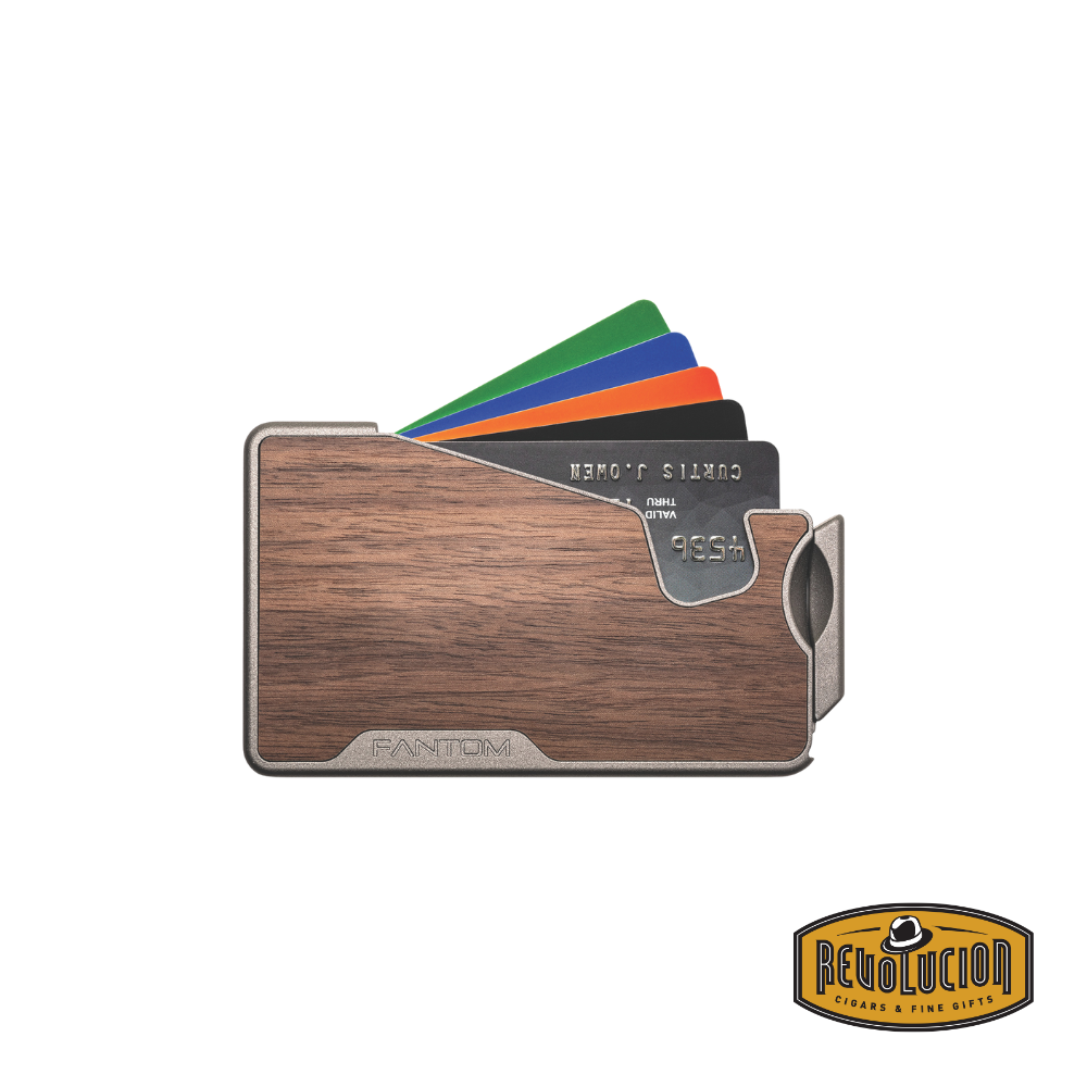 Fantom X7 Wallet in Walnut finish, featuring a sleek design with fanned-out cards for quick access.