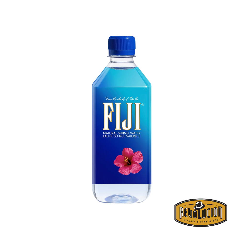 Fiji Natural Spring Water – 500mL bottle featuring the iconic square shape, clear label with tropical flower imagery, and crystal-clear artesian water sourced from the islands of Fiji.