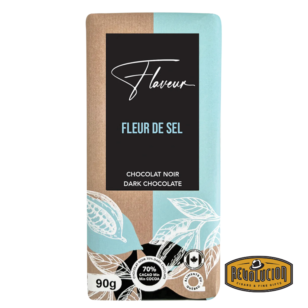 Flaveur Dark Chocolate Fleur De Sel Bar featuring minimalist packaging and artisanal design, combining rich dark chocolate with delicate sea salt crystals.