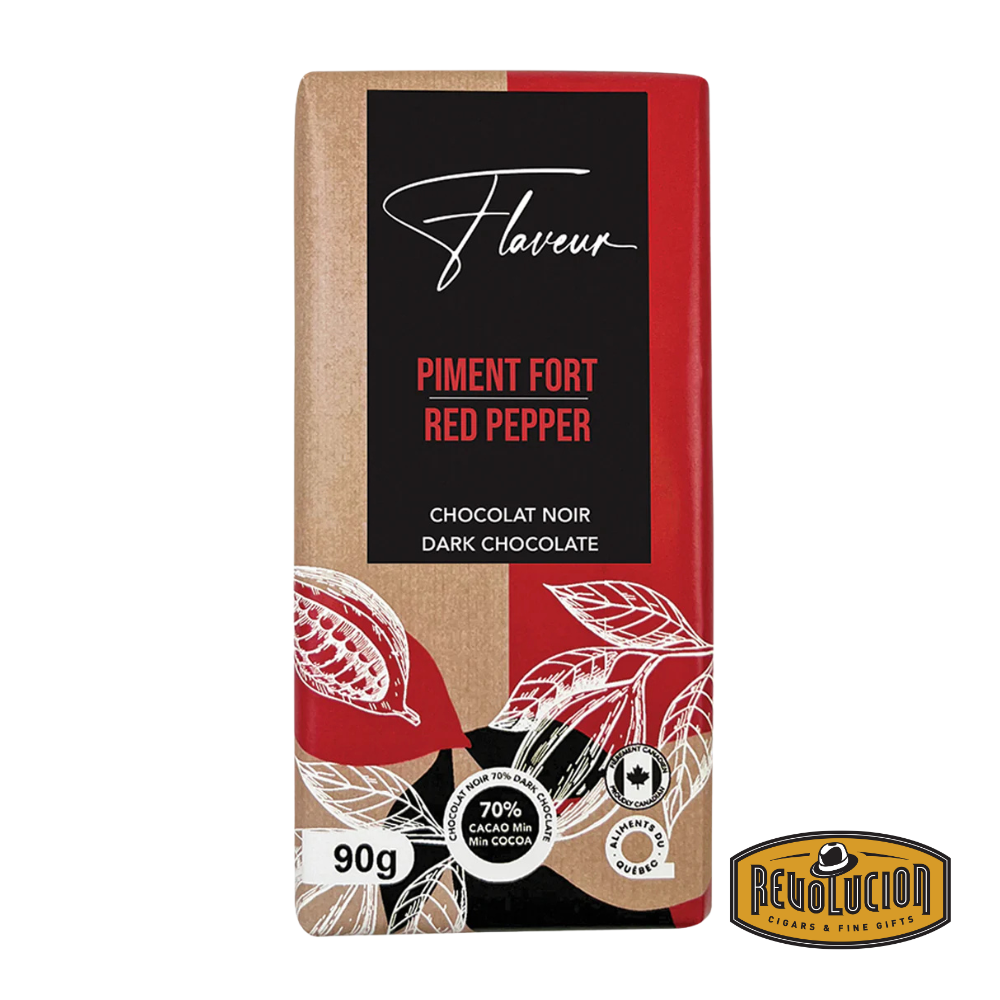 Flaveur Dark Chocolate Red Pepper Bar featuring elegant packaging and a bold infusion of spicy red pepper into rich dark chocolate.