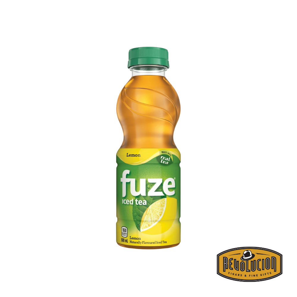 Fuze Iced Tea – Lemon flavor in a tall, slender bottle with vibrant yellow and green labeling, offering a refreshing blend of black tea and zesty lemon.
