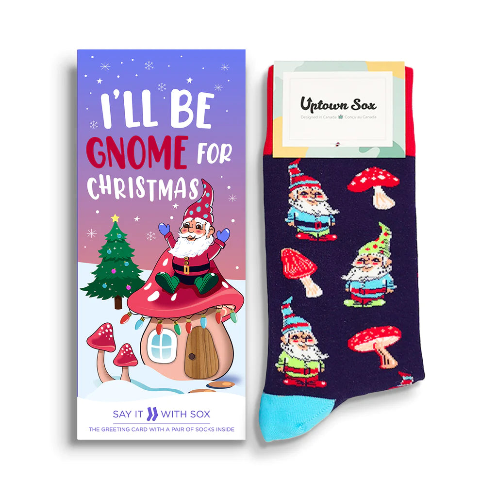 Uptown Calf Length Cotton Unisex Socks with Greeting Card - Christmas Gnome