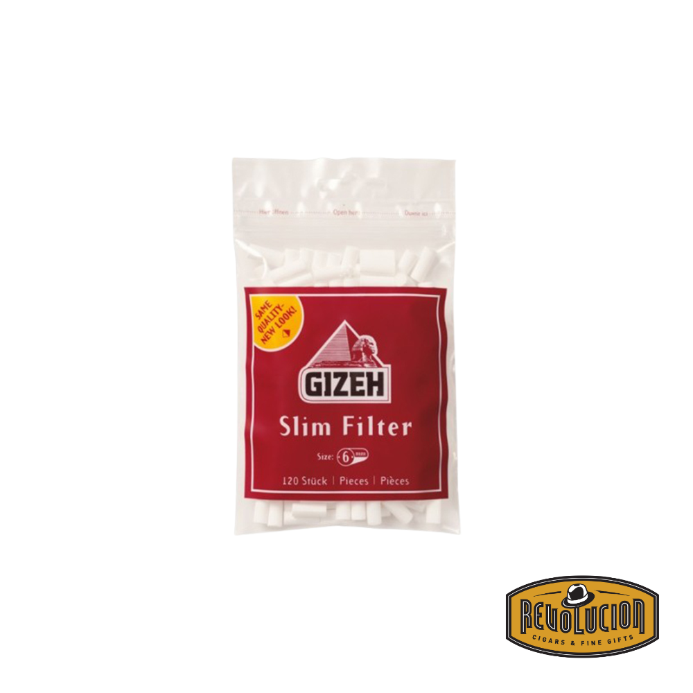 A pack of Gizeh XL Slim Filters, 6mm in diameter, containing 120 filters for a smoother smoking experience.