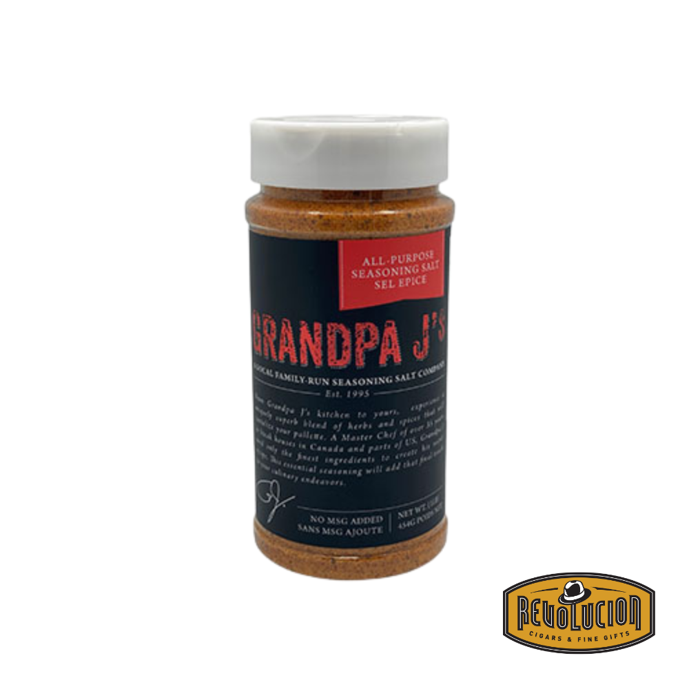 A bottle of Grandpa J's All Purpose Seasoning Salt, a versatile blend of spices designed to enhance the flavor of any dish. The packaging showcases its classic, homemade-style branding, perfect for everyday cooking.