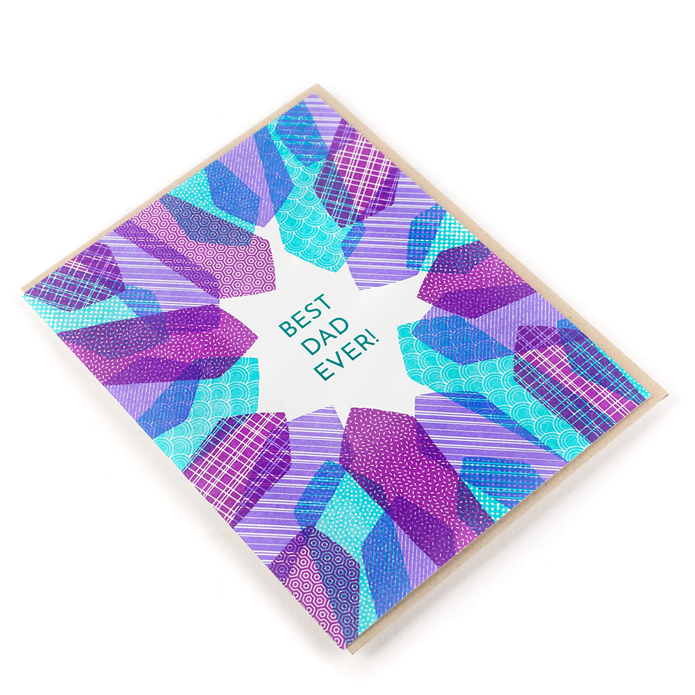 "Best dad ever" blue and purple neck tie abstract printed novelty happy father's day greeting card at Revolucion Lifestyle in Vancouver. Unique gifts, stationary and more available online