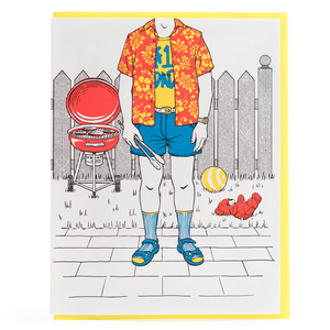 graphic line drawn fathers day card featuring father figure wearing tropical hawaiian print top, standing next to bbq. Letter press fathers day card made in Vancouver available at Revolucion Lifestyle in Yaletown and online. Mens fine gifts and more