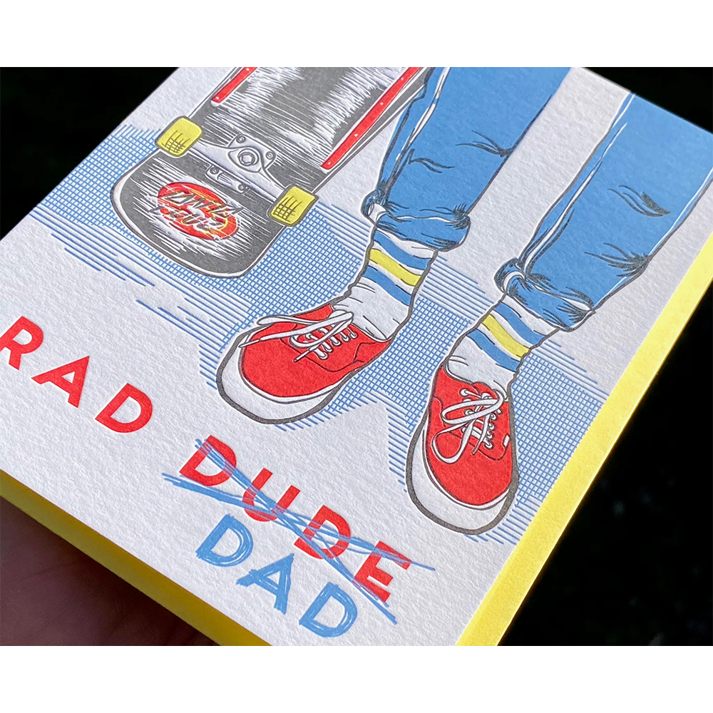 blue and red water color novelty fathers day greeting card  with letter press. Image of legs with red vans shoes and skate board with written Rad dad from local vancouver brand. Available online and in store at Revolucion Lifestyle mens giftware store in Yaletown