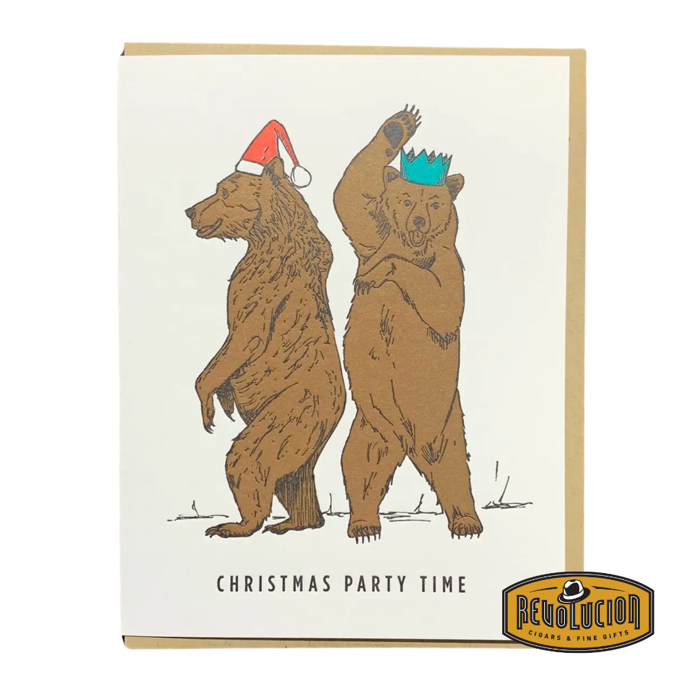 Two grizzly bears dancing, one in a Santa hat and the other in a blue party crown, with the caption “Christmas Party Time.”