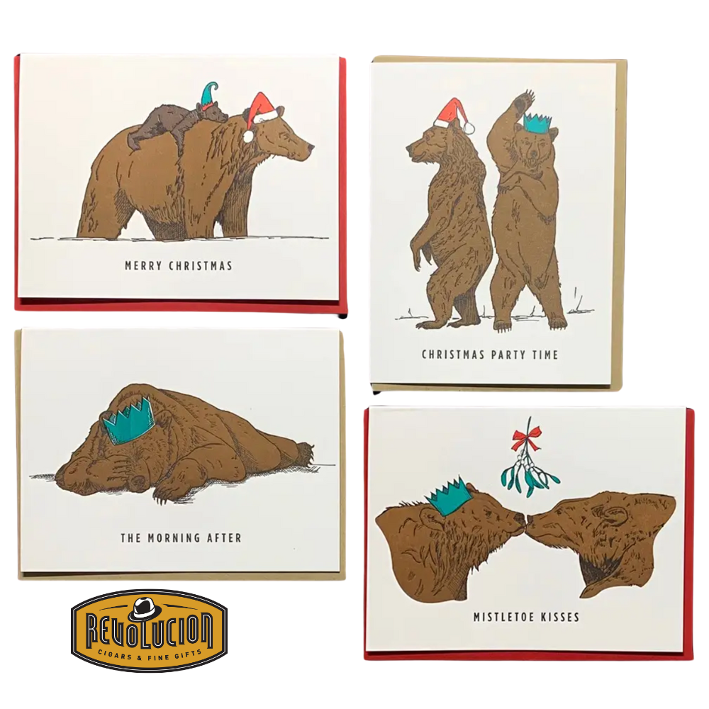 A collection of four illustrated Christmas greeting cards featuring humorous grizzly bear scenes: celebrating, resting, kissing under mistletoe, and wishing Merry Christmas.