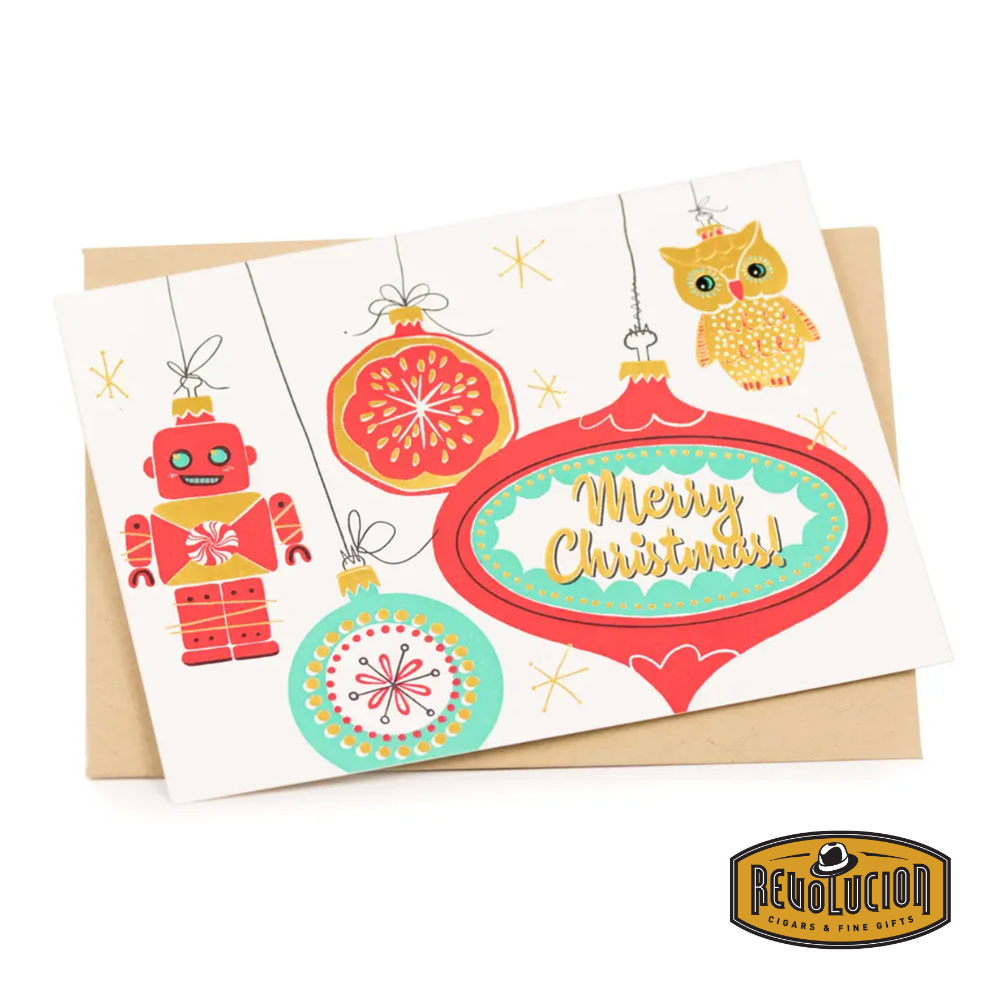 Side view of the Greeting Card Holiday Retro Ornaments, showcasing its folded structure and high-quality cardstock, ideal for festive greetings.