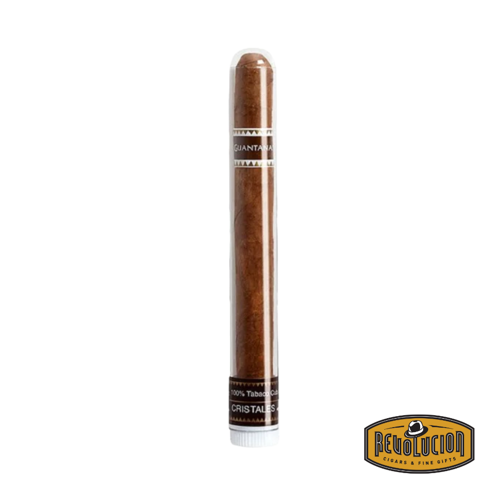 Guantanamera Cristales P/T M/M Corona Cuban cigar in its signature plastic tube, displayed on a white background with the Revolucion logo, offering a mild strength profile.