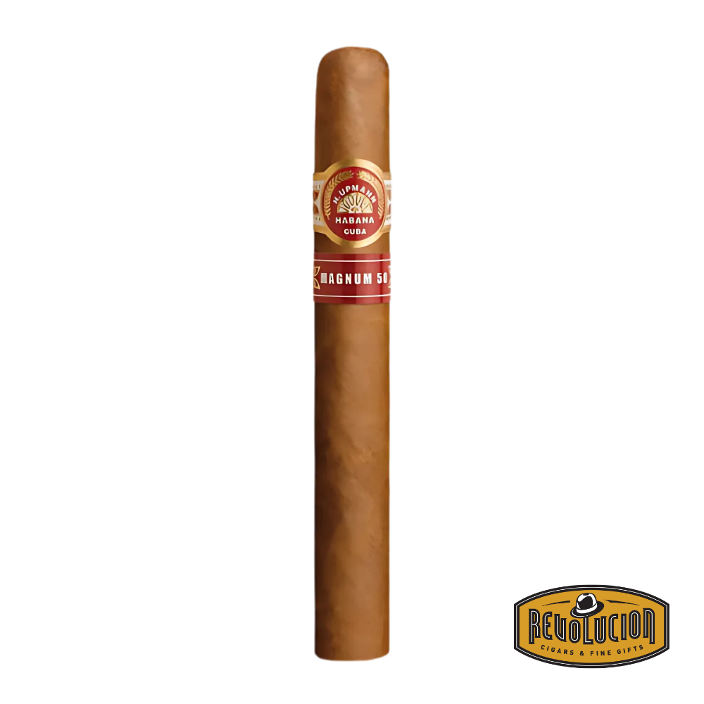 Single H.Upmann Magnum 50 H/M Toro Cuban cigar featuring a medium brown wrapper and a classic gold-and-red band highlighting the H.Upmann branding.