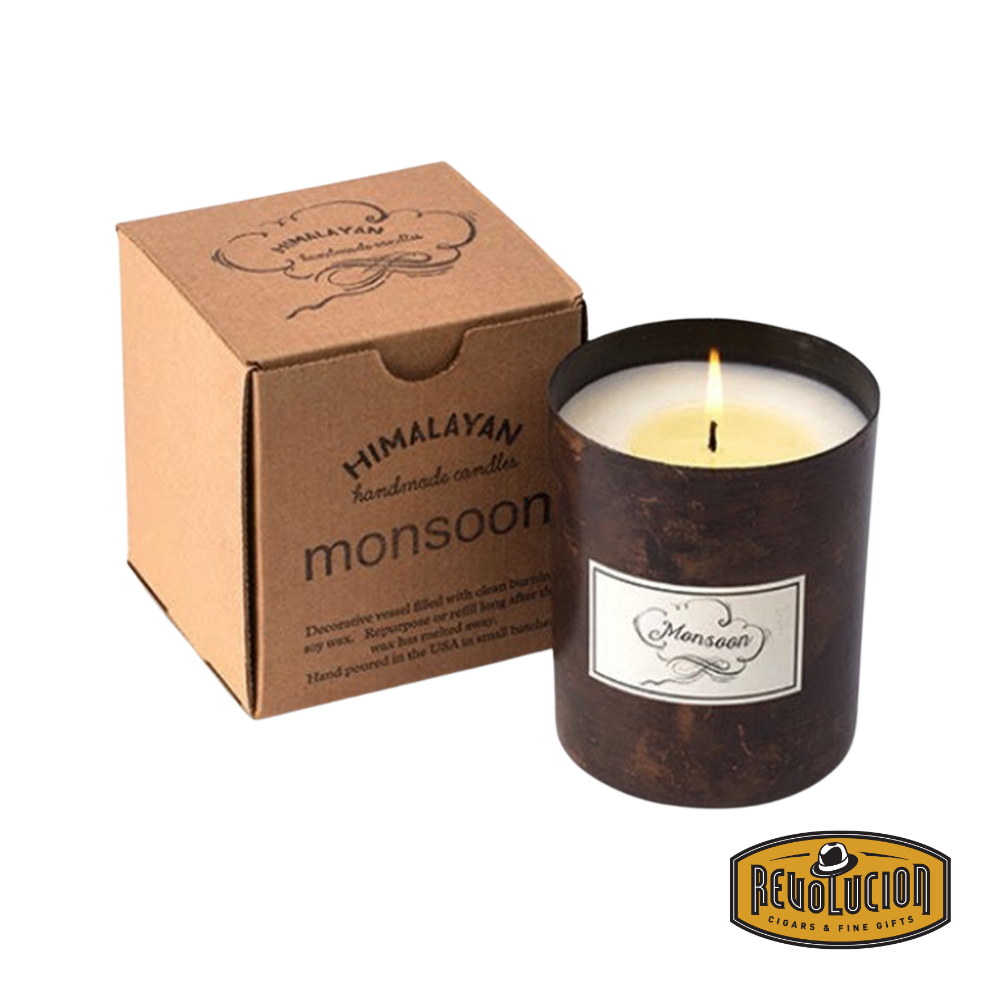 Himalayan Handmade Candles Antique Patina - Monsoon, featuring a decorative antique-style candle jar next to its matching box.